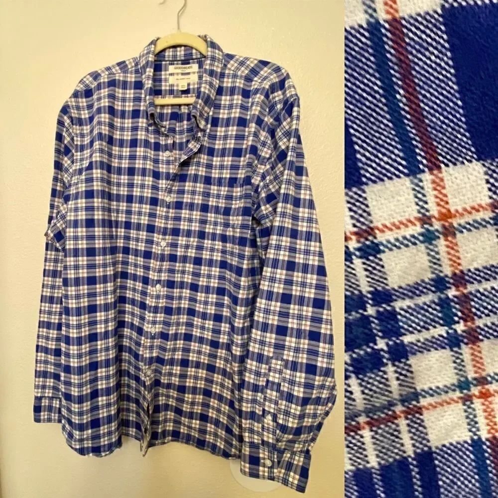 Goodthreads Oxford Men's Slim Long Sleeve Stretch cotton Plaid BLUE Shirt-XXXL